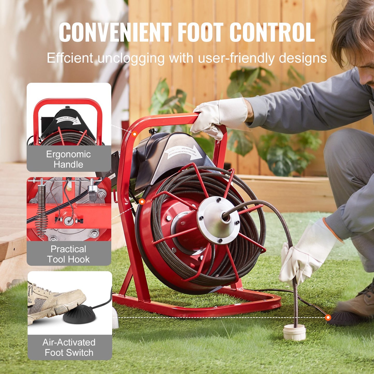 Drain cleaner machine drain auger 50FT x 3/8 inch manual feed &amp; 4 cutters