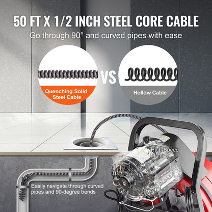 Drain Cleaner Machine 50FT x 1/2 Inch Manual Feed Snake Auger with Wheels