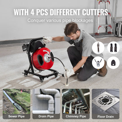 Sewer Cleaning Machine 50FT x 1/2 Inch Manual Feeding Worm Auger with Wheels