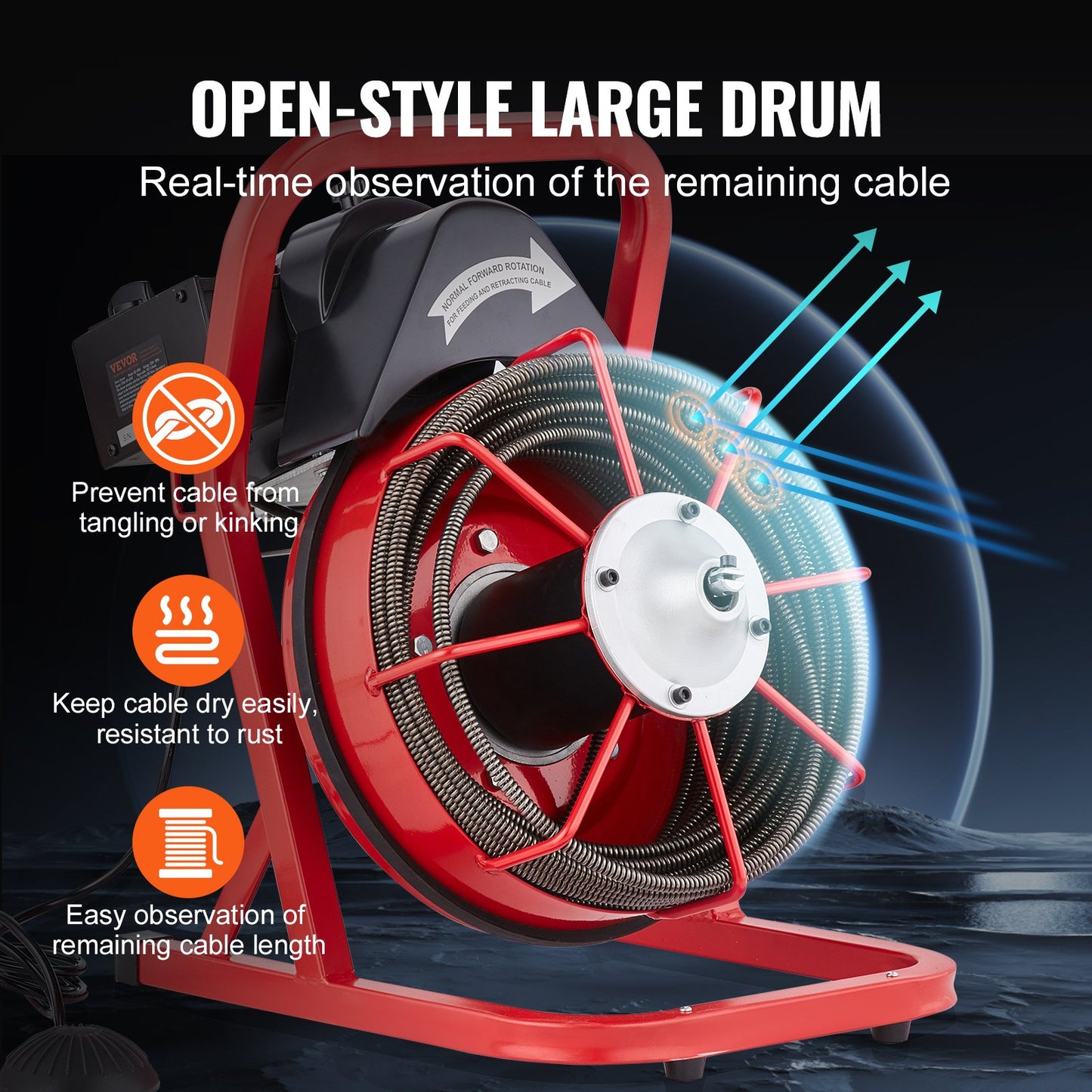 Drain Cleaner Machine 75FT x 3/8 Inch, Sewer Snake Auger Manual Feed, 250W Electric Drain Cleaning Machine with 4 Cutters & Air-activated Foot Switch for 2" to 4" Pipes