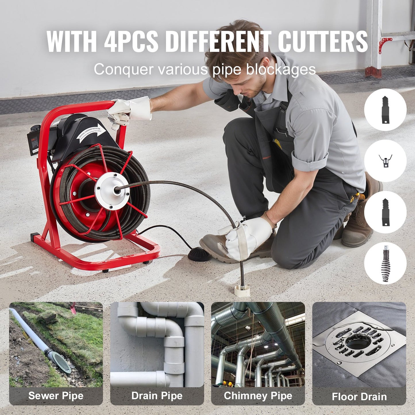Drain Cleaner Machine 75FT x 3/8 Inch, Sewer Snake Auger Manual Feed, 250W Electric Drain Cleaning Machine with 4 Cutters & Air-activated Foot Switch for 2" to 4" Pipes