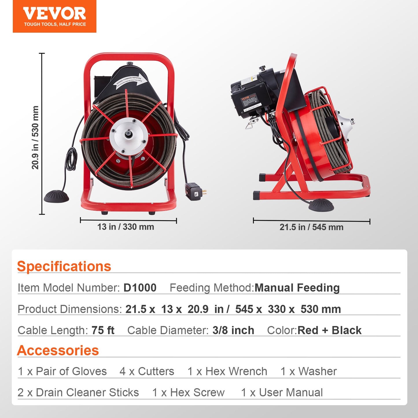 Drain Cleaner Machine 75FT x 3/8 Inch, Sewer Snake Auger Manual Feed, 250W Electric Drain Cleaning Machine with 4 Cutters & Air-activated Foot Switch for 2" to 4" Pipes