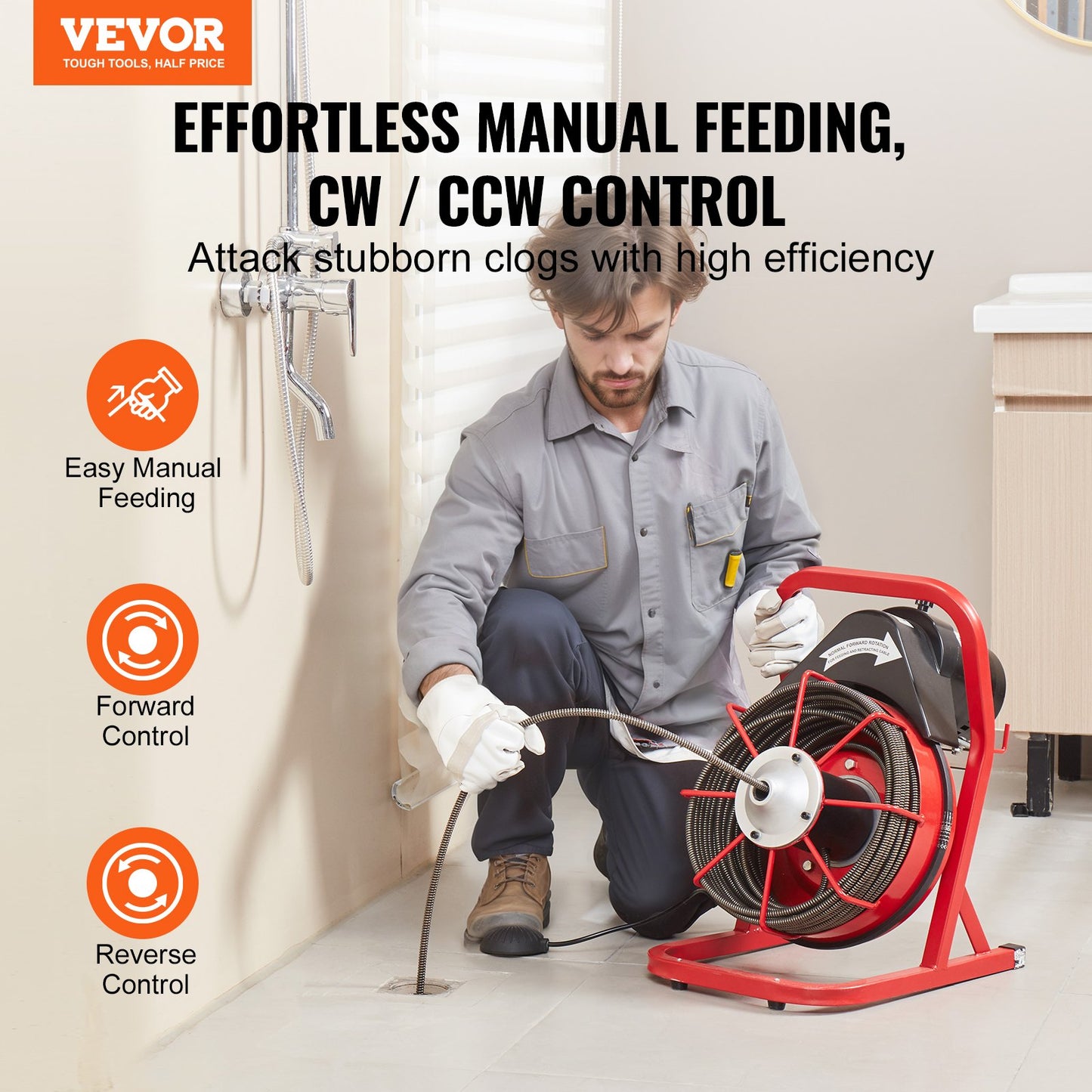 Sewer Cleaning Machine Sewer Auger 75FT x 3/8 inch manual feed &amp; 4 cutters