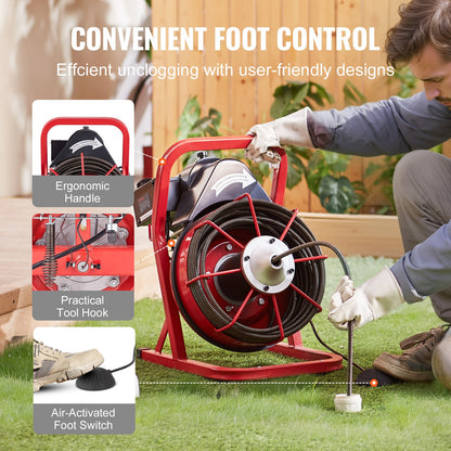 Sewer Cleaning Machine Sewer Auger 75FT x 3/8 inch manual feed &amp; 4 cutters