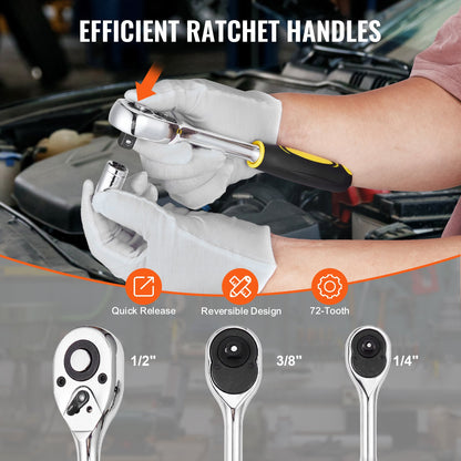 207-Piece Mechanics Tool Set, 1/4" 3/8" 1/2" Drive Sockets, SAE and Metric Mechanic Tool Kit with Bits, Wrenches, Ratchet Handle, Accessories, and Plastic Storage Case, for Automotive Repair