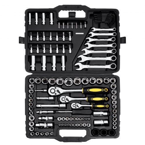 121-Piece Mechanics Tool Set, 1/4" 3/8" 1/2" Drive Sockets, SAE and Metric Mechanic Tool Kit with Bits, Wrenches, Ratchet Handle, Accessories, and Plastic Storage Case, for Automotive Repair