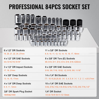 121-delad mekanikverktygssats 1/4" 3/8" 1/2" drivsockel SAE och metrisk