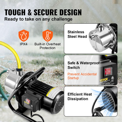 Shallow Well Pump, 1.1 HP 115V, 978 GPH 131 ft Height, 40psi Max Pressure, Portable Stainless Steel Sprinkler Booster Jet Pumps for Garden Lawn Irrigation system, Lake Fountain, Water Transfer