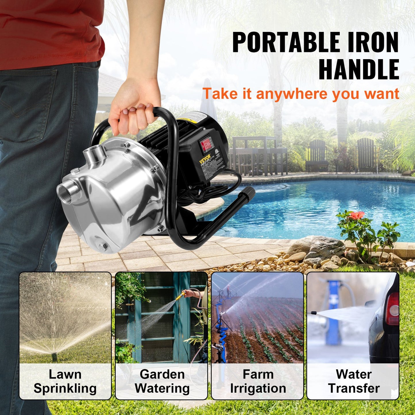 Shallow Well Pump, 1.1 HP 115V, 978 GPH 131 ft Height, 40psi Max Pressure, Portable Stainless Steel Sprinkler Booster Jet Pumps for Garden Lawn Irrigation system, Lake Fountain, Water Transfer