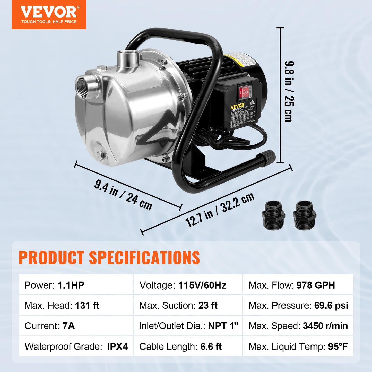 Shallow Well Pump, 1.1 HP 115V, 978 GPH 131 ft Height, 40psi Max Pressure, Portable Stainless Steel Sprinkler Booster Jet Pumps for Garden Lawn Irrigation system, Lake Fountain, Water Transfer