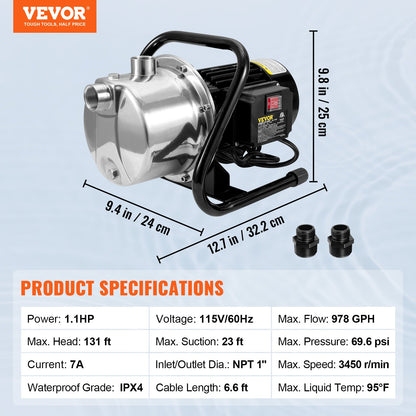 Shallow Well Pump, 1.1 HP 115V, 978 GPH 131 ft Height, 40psi Max Pressure, Portable Stainless Steel Sprinkler Booster Jet Pumps for Garden Lawn Irrigation system, Lake Fountain, Water Transfer