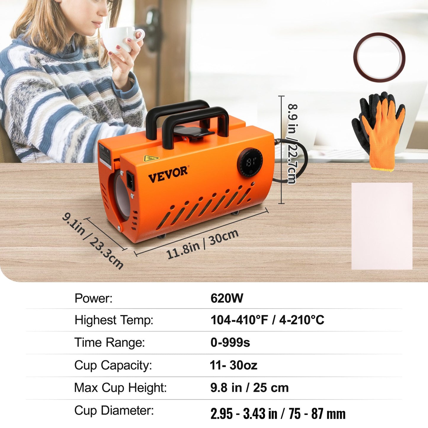 Mug Heat Press Machine, 30oz Tumbler Heat Press, Sublimation Transfer 11-15oz 16-25oz 30oz Straight Skinny Tumblers, Cup Heat Press with Heat-resist Gloves, Tape, DIY Ceramic Mugs Glasses