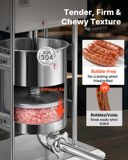 Manual Sausage Stuffer, 22 LBS / 10 L Vertical Meat Stuffer, Dual-Speed Sausage Casing Meat Filling Machine, Stainless Steel Heavy Duty Filler with 5 Stuffing Tubes, for Commercial & Home Use