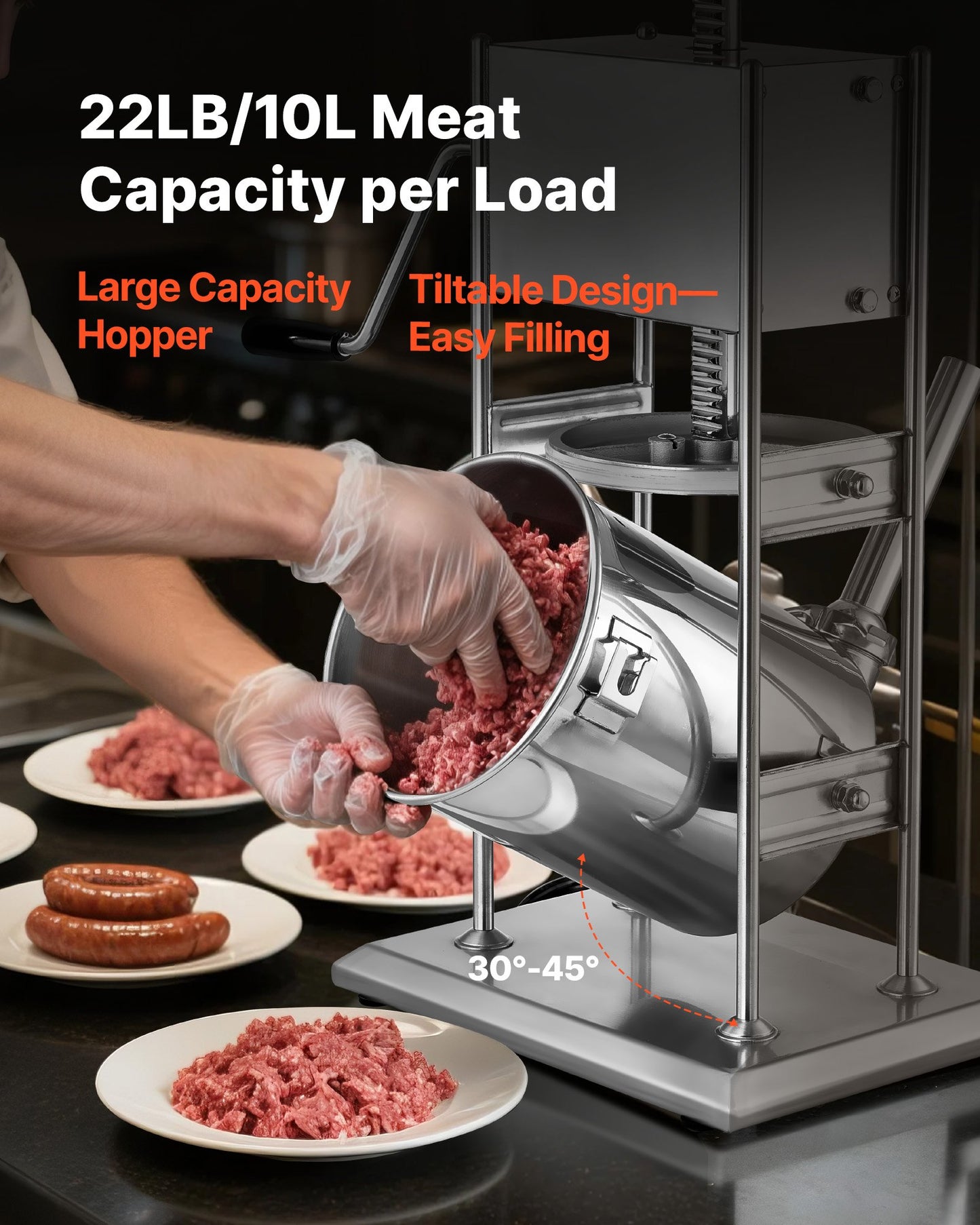 Manual Sausage Stuffer, 22 LBS / 10 L Vertical Meat Stuffer, Dual-Speed Sausage Casing Meat Filling Machine, Stainless Steel Heavy Duty Filler with 5 Stuffing Tubes, for Commercial & Home Use