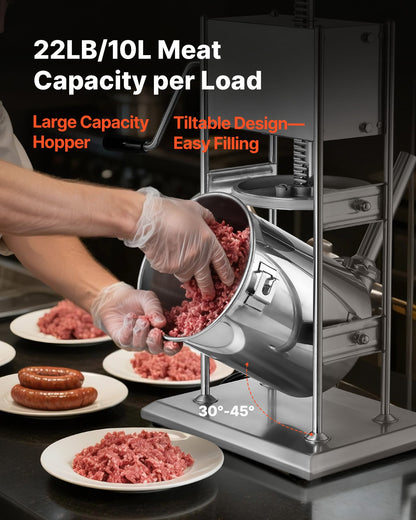 Manual Sausage Stuffer, 22 LBS / 10 L Vertical Meat Stuffer, Dual-Speed Sausage Casing Meat Filling Machine, Stainless Steel Heavy Duty Filler with 5 Stuffing Tubes, for Commercial & Home Use