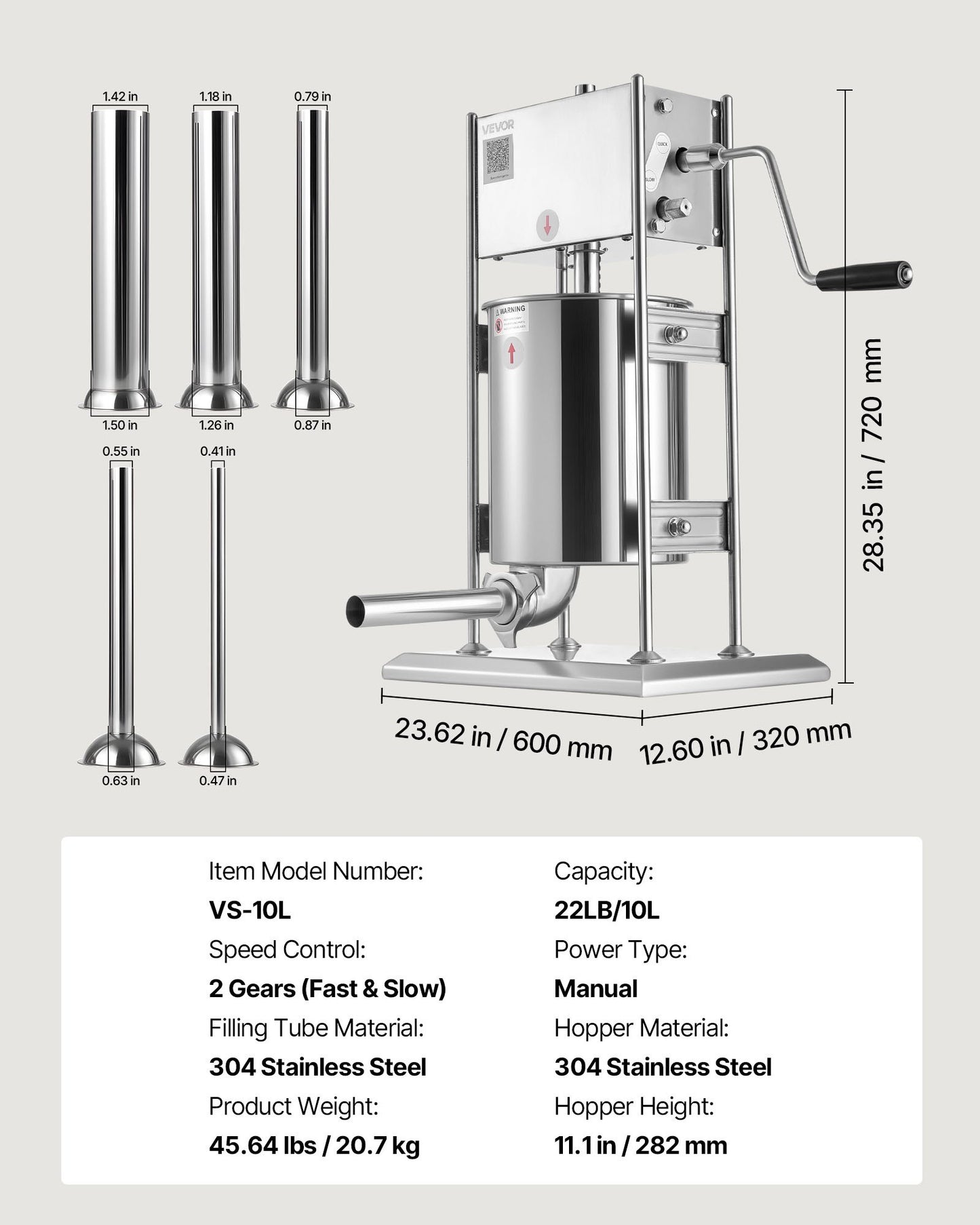 Manual Sausage Stuffer, 22 LBS / 10 L Vertical Meat Stuffer, Dual-Speed Sausage Casing Meat Filling Machine, Stainless Steel Heavy Duty Filler with 5 Stuffing Tubes, for Commercial & Home Use
