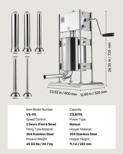 Manual Sausage Stuffer, 22 LBS / 10 L Vertical Meat Stuffer, Dual-Speed Sausage Casing Meat Filling Machine, Stainless Steel Heavy Duty Filler with 5 Stuffing Tubes, for Commercial & Home Use