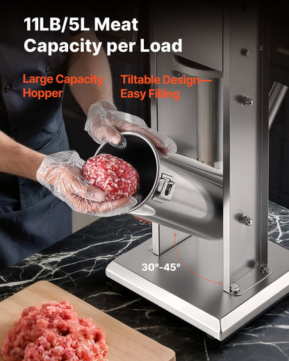 Manual Sausage Stuffer, 11 LBS / 5 L Vertical Meat Stuffer, Dual-Speed Sausage Casing Meat Filling Machine, Stainless Steel Heavy Duty Filler with 5 Stuffing Tubes, for Commercial & Home Use