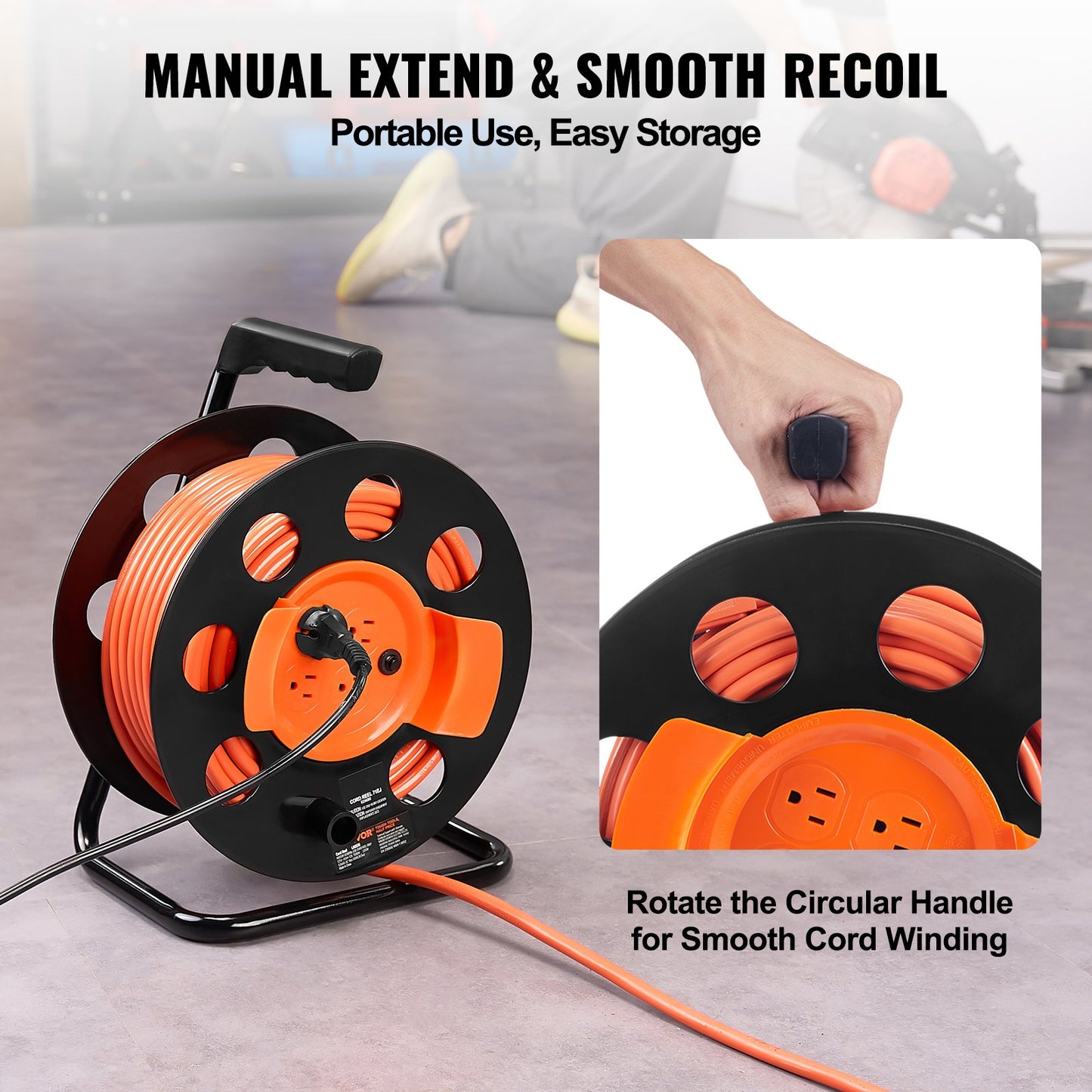 Extension Cord Reel, 100FT, with 4 Outlets and Dust Cover, Heavy Duty 12AWG SJTOW Power Cord, Manual Cord Reel with Portable Handle Circuit Breaker, for Toolshed Garage, Tested to UL Standards