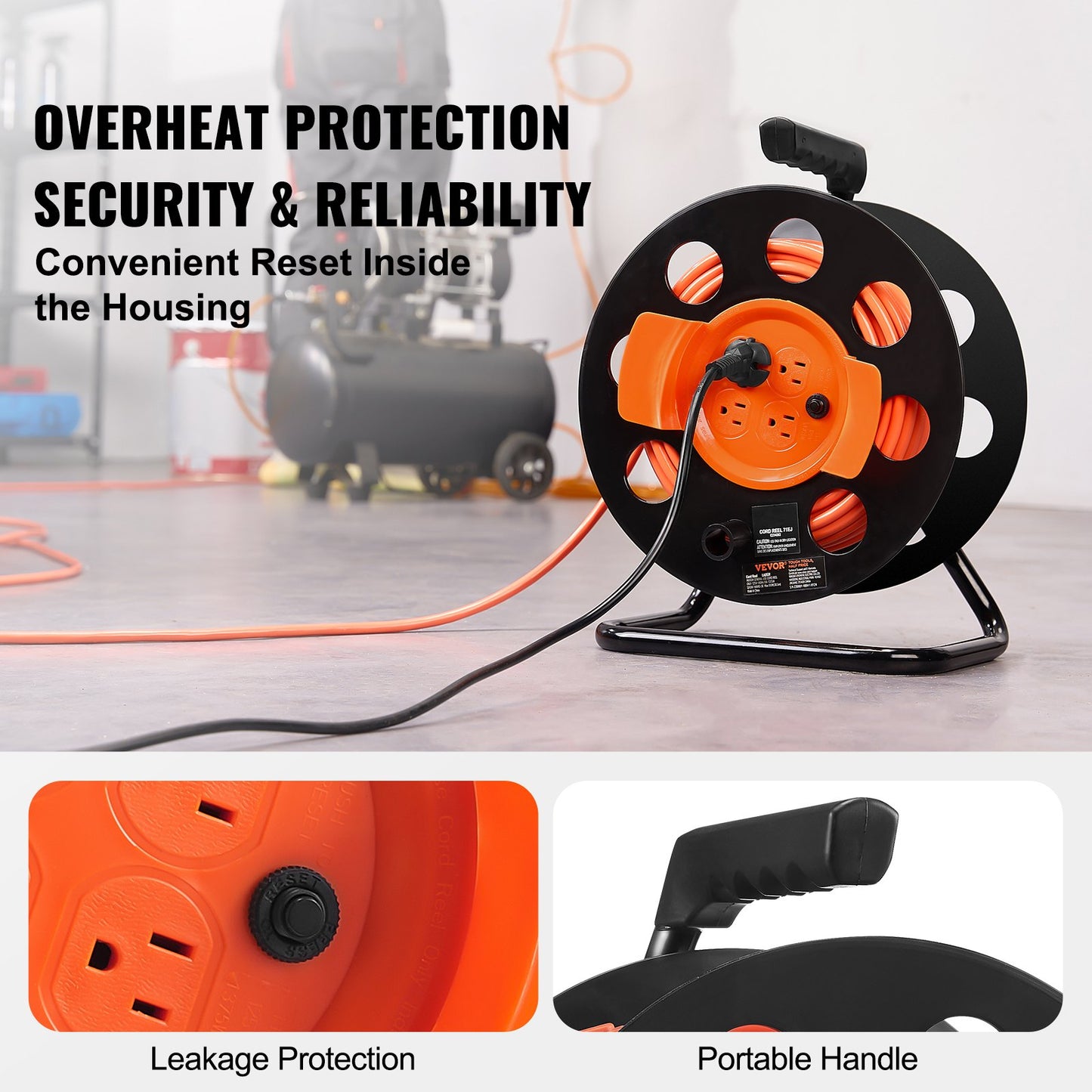 Extension Cord Reel, 100FT, with 4 Outlets and Dust Cover, Heavy Duty 14AWG SJTOW Power Cord, Manual Cord Reel with Portable Handle Circuit Breaker, for Toolshed Garage, Tested to UL Standards
