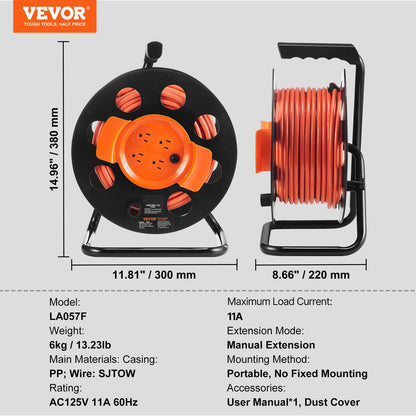 Extension Cord Reel, 100FT, with 4 Outlets and Dust Cover, Heavy Duty 14AWG SJTOW Power Cord, Manual Cord Reel with Portable Handle Circuit Breaker, for Toolshed Garage, Tested to UL Standards