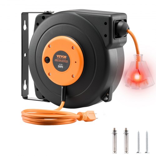 Retractable Extension Cord Reel, 30 FT, Heavy Duty 16AWG/3C SJTOW Power Cord, with Lighted Triple Tap Outlet 10 Amp Circuit Breaker, for Ceiling or Wall Mount Garage and Shop, ETL Listed
