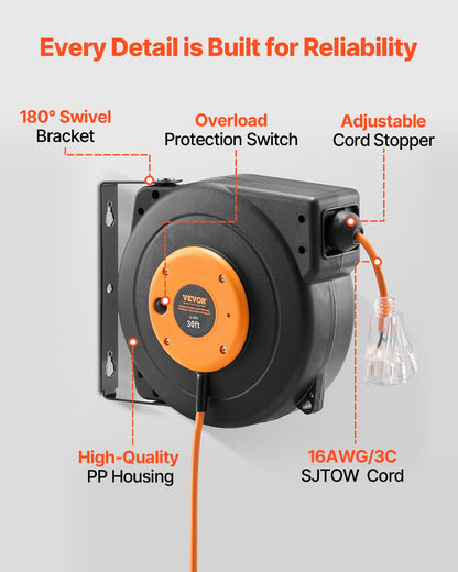 Retractable Extension Cord Reel, 30 FT, Heavy Duty 16AWG/3C SJTOW Power Cord, with Lighted Triple Tap Outlet 10 Amp Circuit Breaker, for Ceiling or Wall Mount Garage and Shop, ETL Listed