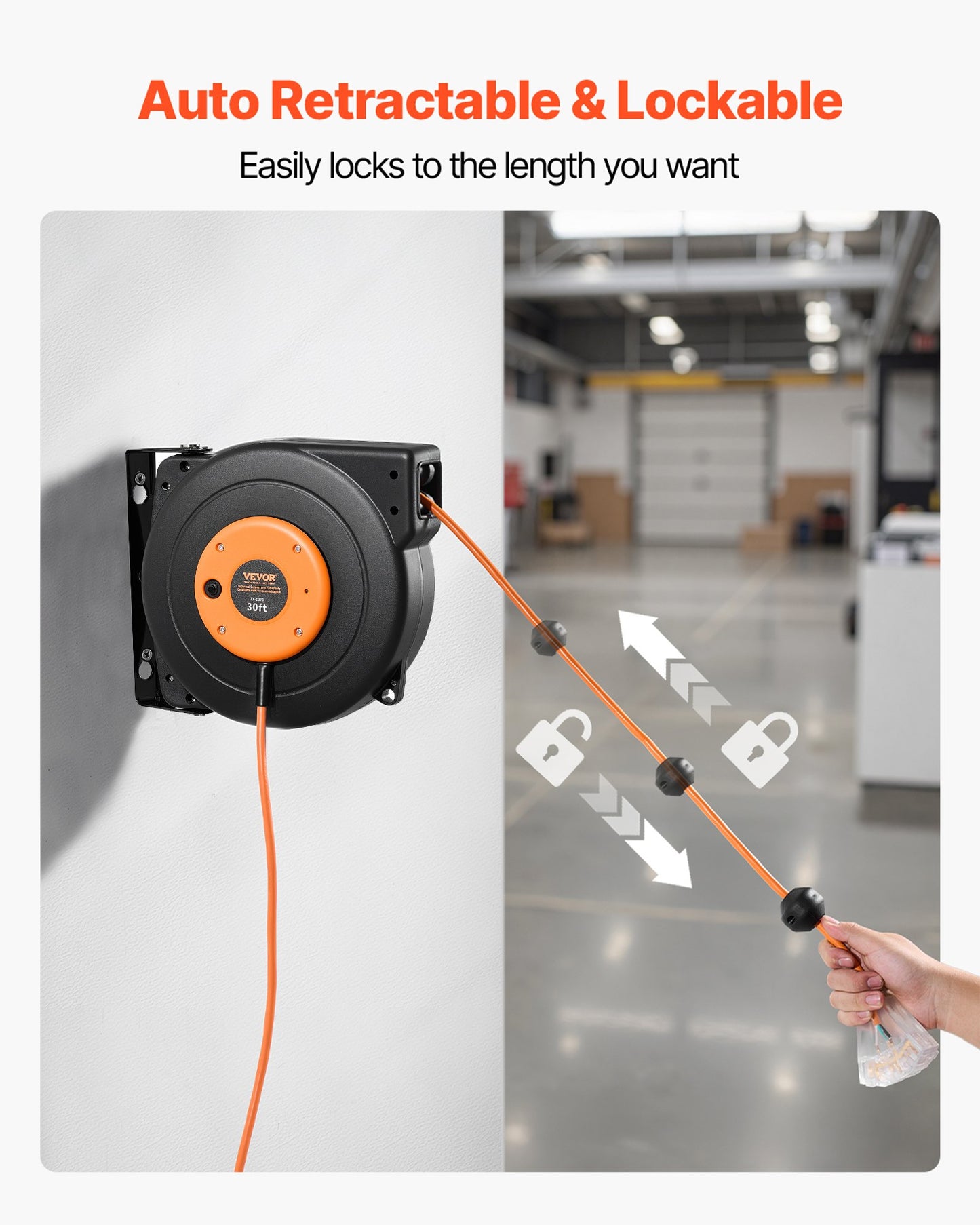 Retractable Extension Cord Reel, 30 FT, Heavy Duty 16AWG/3C SJTOW Power Cord, with Lighted Triple Tap Outlet 10 Amp Circuit Breaker, for Ceiling or Wall Mount Garage and Shop, ETL Listed