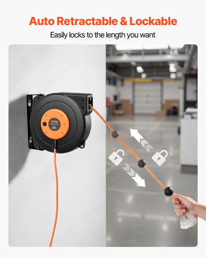 Retractable Extension Cord Reel, 30 FT, Heavy Duty 16AWG/3C SJTOW Power Cord, with Lighted Triple Tap Outlet 10 Amp Circuit Breaker, for Ceiling or Wall Mount Garage and Shop, ETL Listed