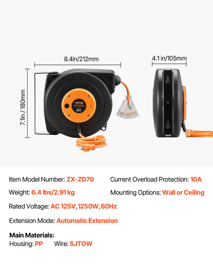 Retractable Extension Cord Reel, 30 FT, Heavy Duty 16AWG/3C SJTOW Power Cord, with Lighted Triple Tap Outlet 10 Amp Circuit Breaker, for Ceiling or Wall Mount Garage and Shop, ETL Listed
