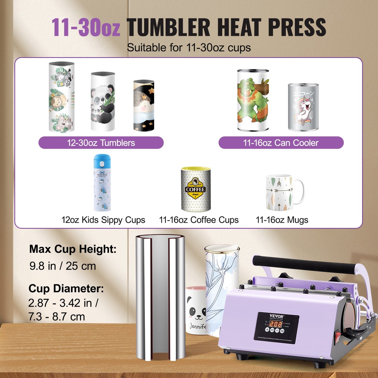 Tumbler Heat Press Machine 11-30oz Mugg Press Sublimation Tumblers Lila
