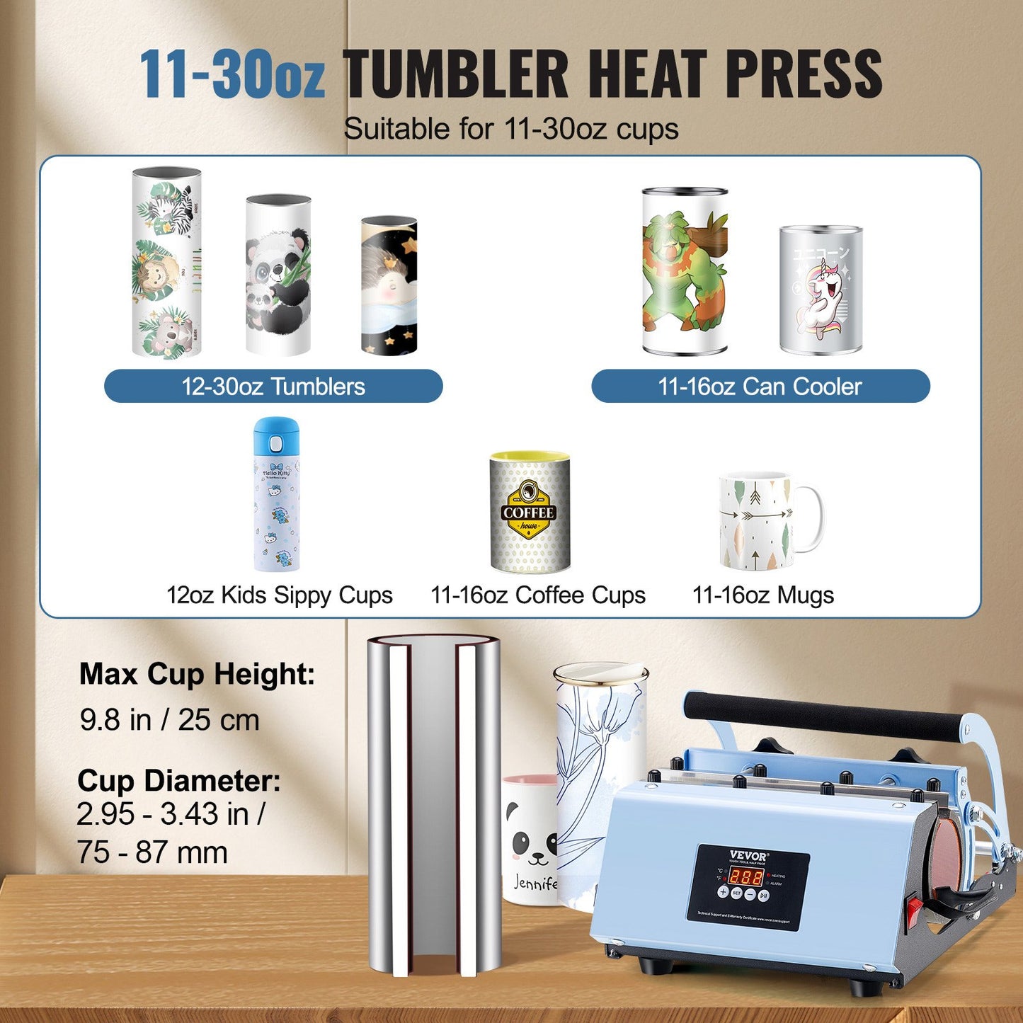 Tumbler Heat Press Machine, 11-30oz Mug Press, Heat Up Fast and Even, Tumbler Press with Sublimation Paper, Tape and Gloves, Temp and Time Setting, for Sublimation Tumblers, Cups, Mugs, Blue