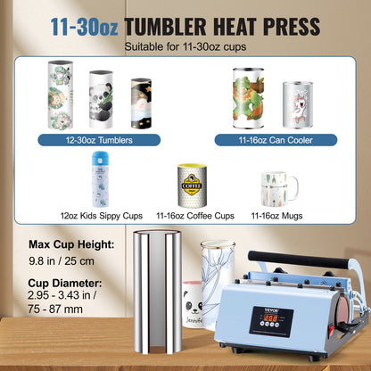 Tumbler Heat Press Machine, 11-30oz Mug Press, Heat Up Fast and Even, Tumbler Press with Sublimation Paper, Tape and Gloves, Temp and Time Setting, for Sublimation Tumblers, Cups, Mugs, Blue