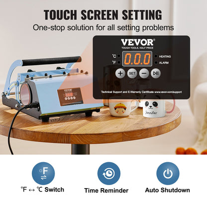 Tumbler Heat Press Machine, 11-30oz Mug Press, Heat Up Fast and Even, Tumbler Press with Sublimation Paper, Tape and Gloves, Temp and Time Setting, for Sublimation Tumblers, Cups, Mugs, Blue