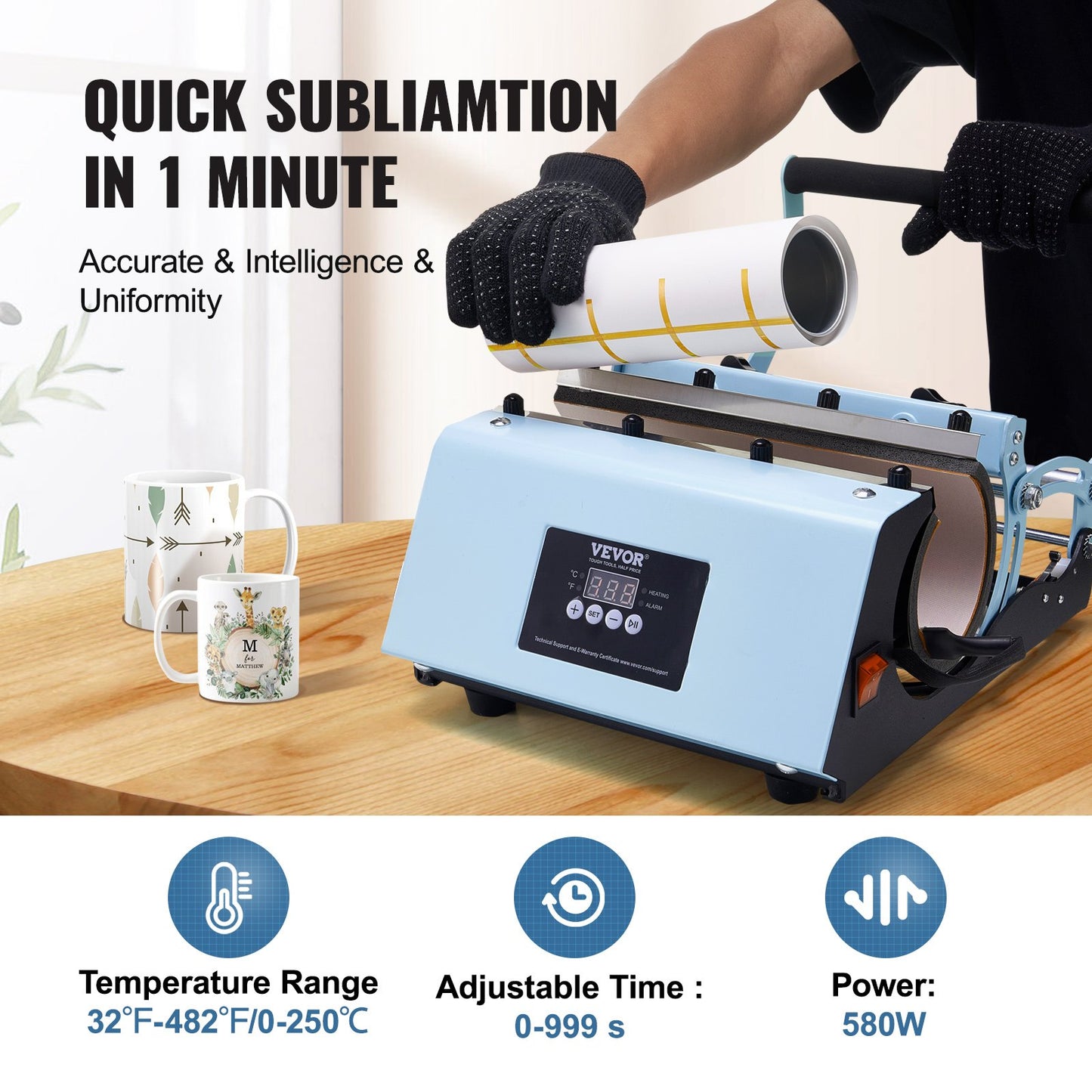 Tumbler Heat Press Machine, 11-30oz Mug Press, Heat Up Fast and Even, Tumbler Press with Sublimation Paper, Tape and Gloves, Temp and Time Setting, for Sublimation Tumblers, Cups, Mugs, Blue