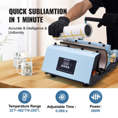 Tumbler Heat Press Machine, 11-30oz Mug Press, Heat Up Fast and Even, Tumbler Press with Sublimation Paper, Tape and Gloves, Temp and Time Setting, for Sublimation Tumblers, Cups, Mugs, Blue