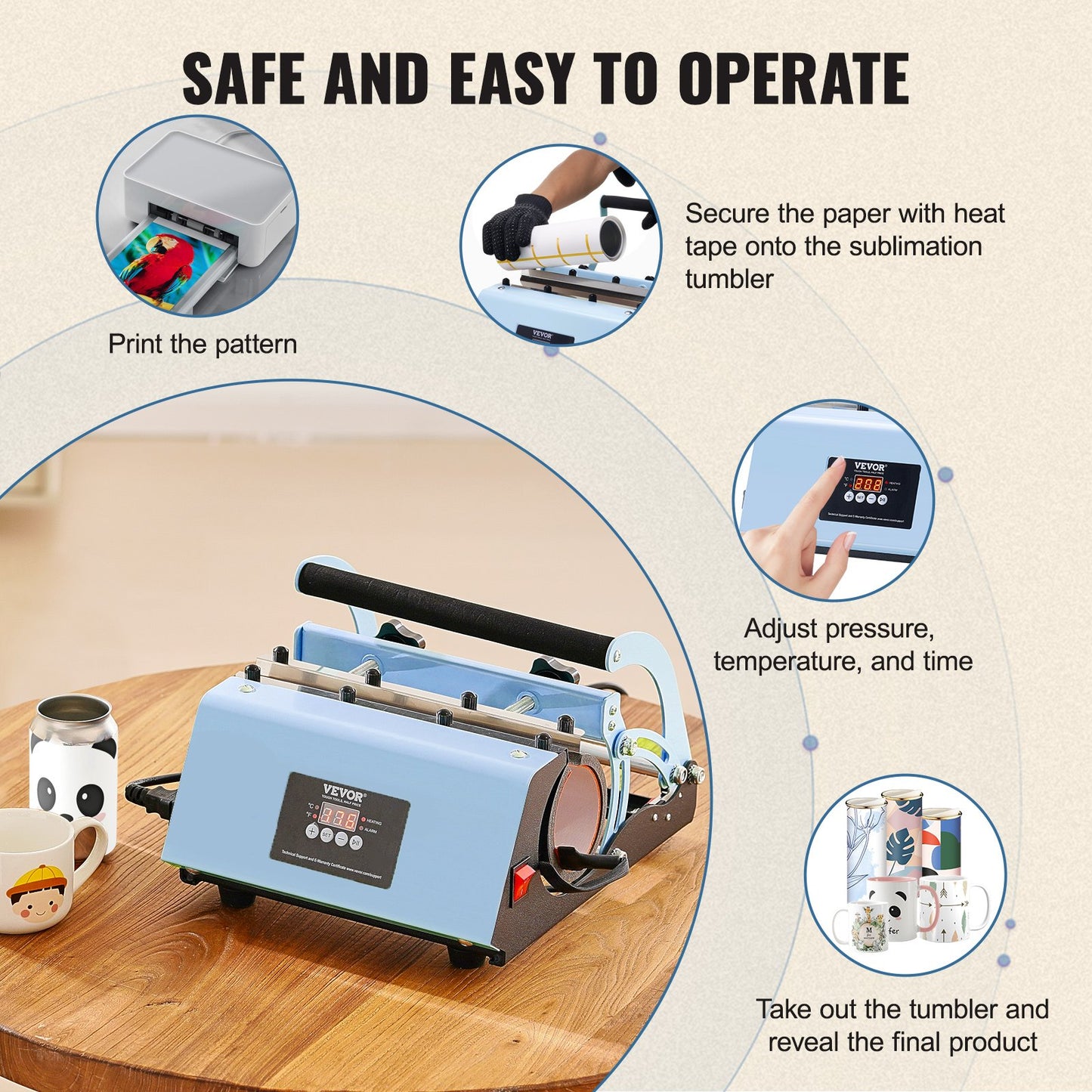 Tumbler Heat Press Machine, 11-30oz Mug Press, Heat Up Fast and Even, Tumbler Press with Sublimation Paper, Tape and Gloves, Temp and Time Setting, for Sublimation Tumblers, Cups, Mugs, Blue
