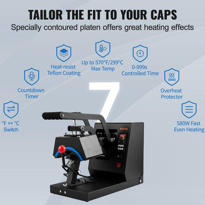 Hat Heat Press, 4-in-1 Cap Heat Press Machine, 6x3inches Clamshell Sublimation Transfer, LCD Digital Timer Temperature Control with 4pcs Curved Heating Elements (6x3/6.7x2.7/6.7x2.7/8.1x3.5)