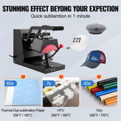 Hat Heat Press, 4-in-1 Cap Heat Press Machine, 6x3inches Clamshell Sublimation Transfer, LCD Digital Timer Temperature Control with 4pcs Curved Heating Elements (6x3/6.7x2.7/6.7x2.7/8.1x3.5)
