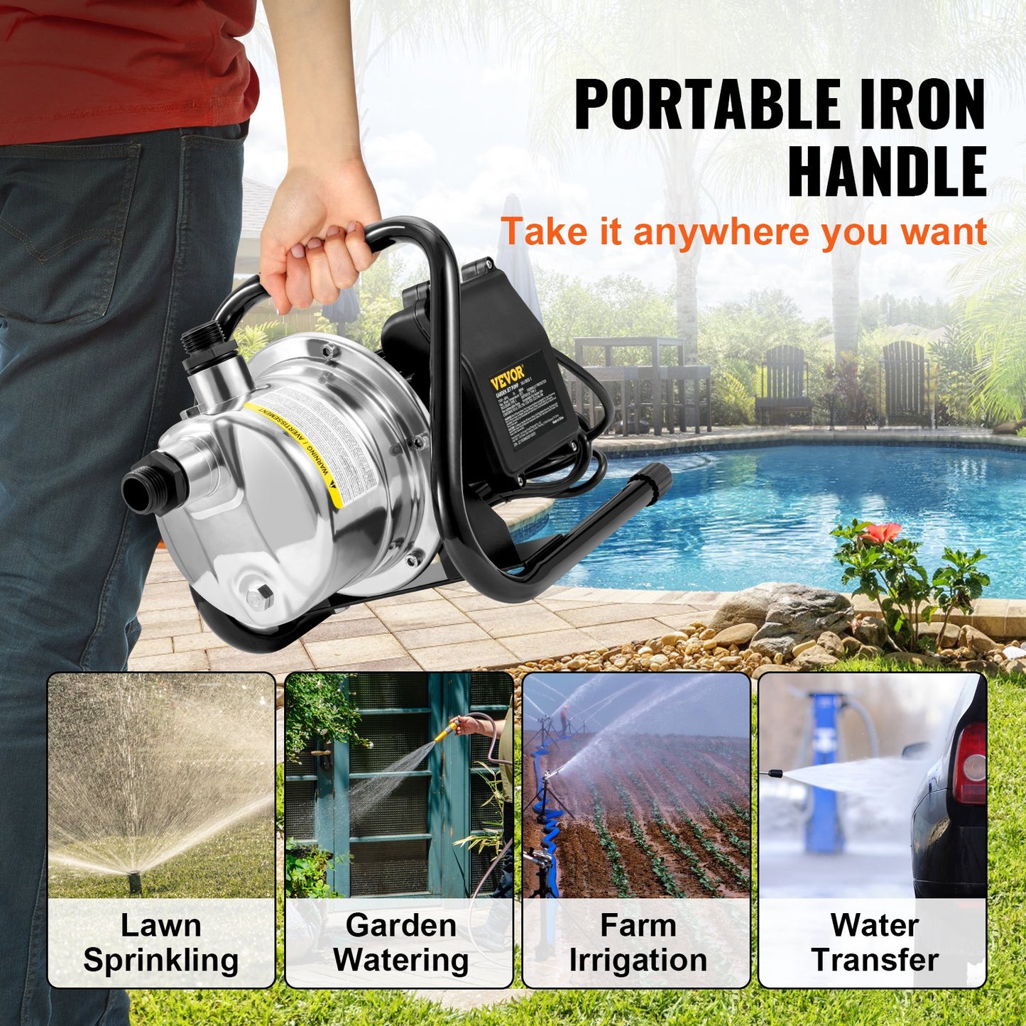 Shallow Well Pump, 1.5 HP 115V, 1200 GPH 164 ft Height, 87 psi Max Pressure, Portable Stainless Steel Sprinkler Booster Jet Pumps for Garden Lawn Irrigation system, Lake Fountain, Water Transfer
