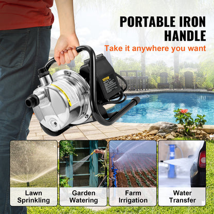 Shallow Well Pump, 1.5 HP 115V, 1200 GPH 164 ft Height, 87 psi Max Pressure, Portable Stainless Steel Sprinkler Booster Jet Pumps for Garden Lawn Irrigation system, Lake Fountain, Water Transfer