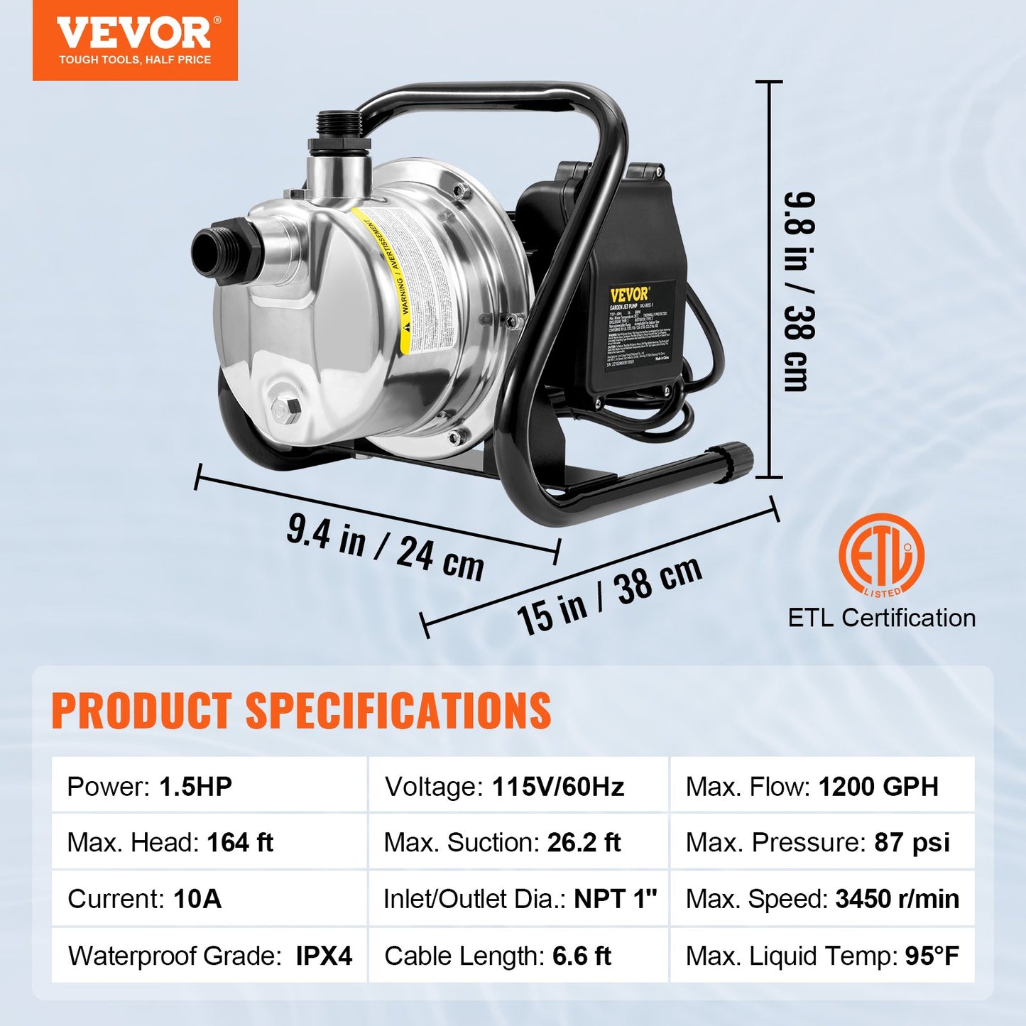 Shallow Well Pump, 1.5 HP 115V, 1200 GPH 164 ft Height, 87 psi Max Pressure, Portable Stainless Steel Sprinkler Booster Jet Pumps for Garden Lawn Irrigation system, Lake Fountain, Water Transfer