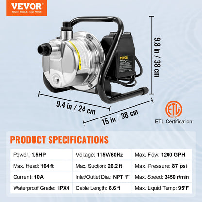 Shallow Well Pump, 1.5 HP 115V, 1200 GPH 164 ft Height, 87 psi Max Pressure, Portable Stainless Steel Sprinkler Booster Jet Pumps for Garden Lawn Irrigation system, Lake Fountain, Water Transfer