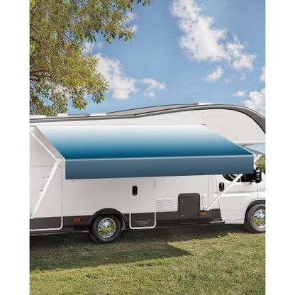 Manual RV Awning Complete Kit, 15' Retractable Awning with Aluminum Alloy Frame, Outdoor Trailer Awning, Fit for Most RVs(Blue Fade)