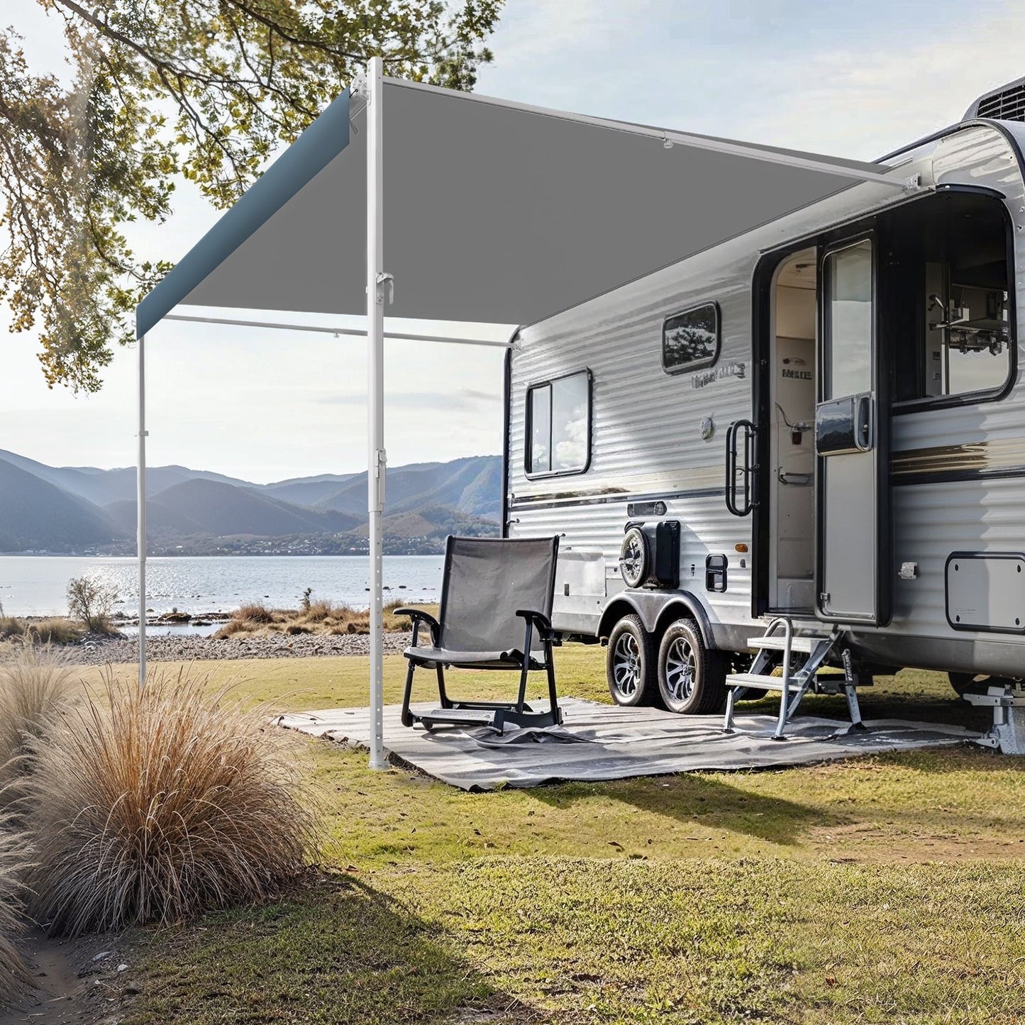 Manual RV Awning Complete Kit, 15' Retractable Awning with Aluminum Alloy Frame, Outdoor Trailer Awning, Fit for Most RVs(Blue Fade)