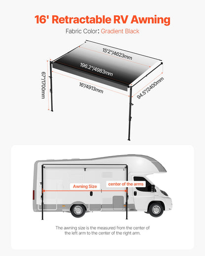 16' RV Ersättningsmarkis Manuell släpmarkis för de flesta DC12V husbilar