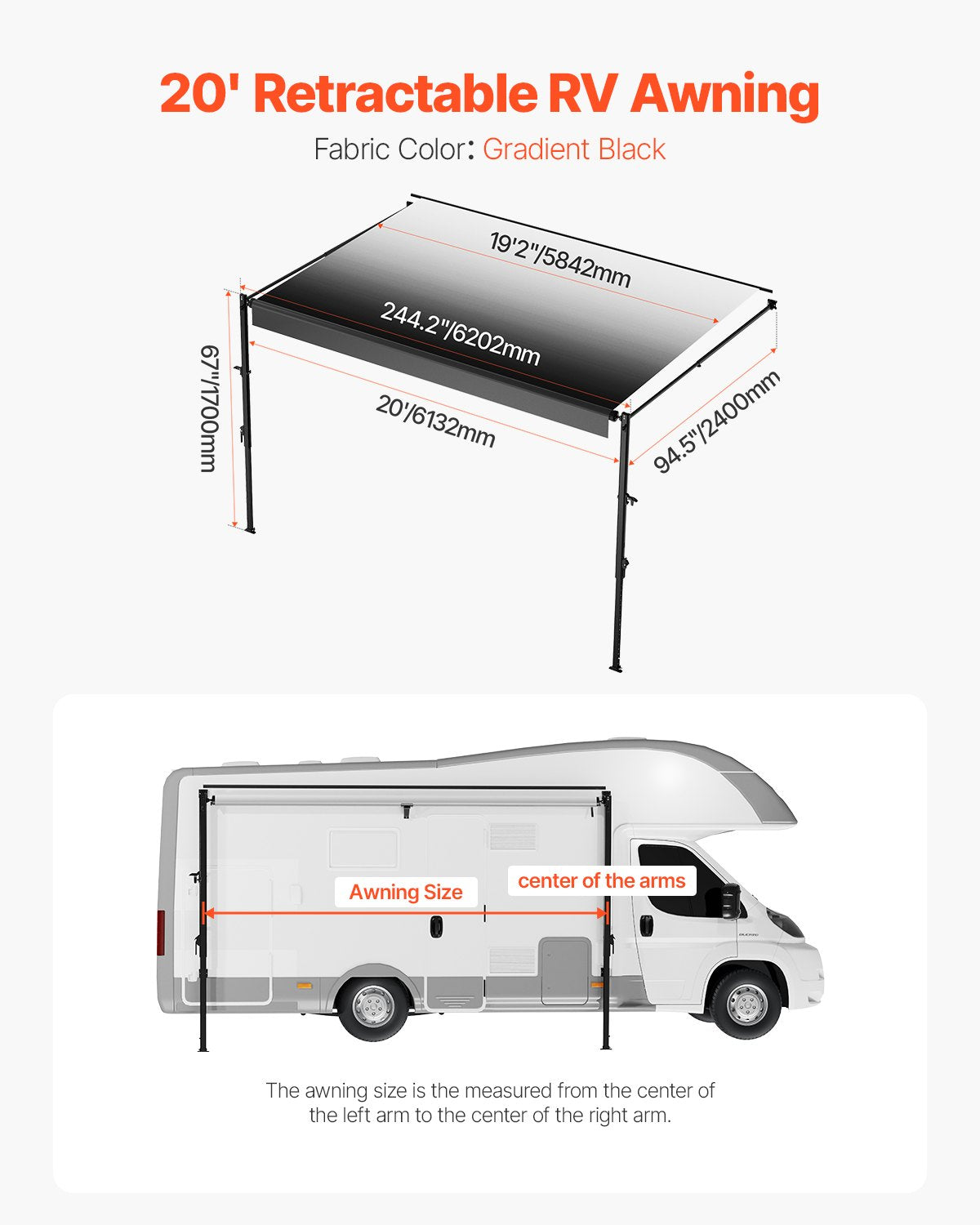 20' RV Ersättningsmarkis Manuell släpmarkis för de flesta DC12V husbilar
