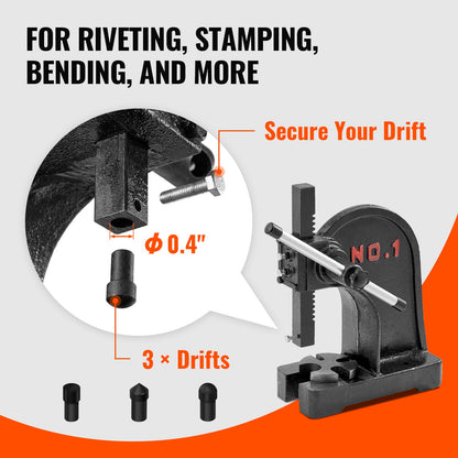 Dornpresse, manuelle Dornpresse (1 Tonne), max. Höhe 15 cm, Gusseisen. Hochleistungs-Tischdornpresse, Präzisions-Handpresse zum Stanzen, Biegen, Strecken und Formen.