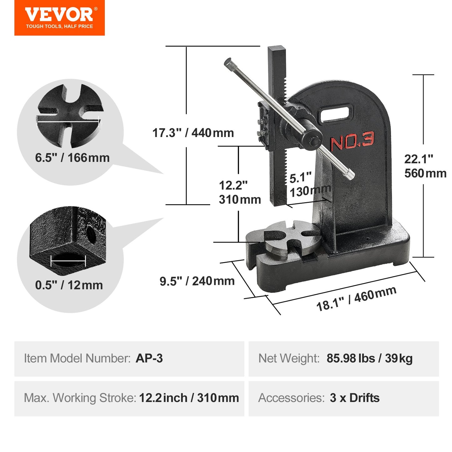 Arbor Press, 3 Ton Manual Arbor Press, 12.2" Maximum Height, Cast Iron Heavy-duty Manual Desktop Arbor Press, Precision Hand Press for Stamping, Bending, Stretching, Forming