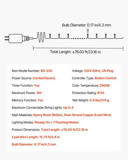 LED Christmas String Lights, 200 LED, 76 ft Connectable Warm White Christmas Lights Outdoor, with 8 Modes, Auto Timer, Twinkle Fairy Lighting Plug in, Waterproof for Tree Yard Patio Decoration